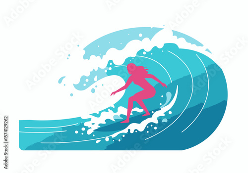 Pink Surfer Girl Riding a Blue Wave Illustration with White Foam.