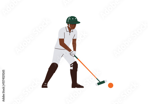 Polo Player in Action Striking the Ball with Mallet.