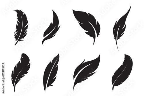 Black feather Shape set collection pack black icon silhouette vector flat illustration design on white background