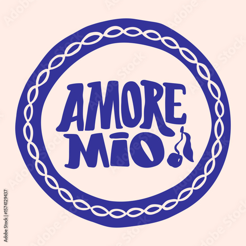 Amore Mio (My Love) lettering in hand drawn summer doodle print. Beach Mediterranean vibes. Retro postcard clipart in coastal, naive, minimal design. Perfect for travel, fashion, and decor