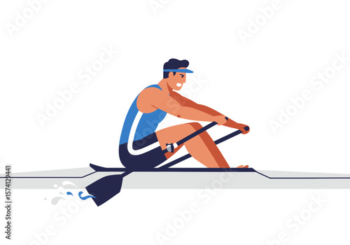 Rowing Athlete in Blue and White Uniform with Oars and Water Splashes.