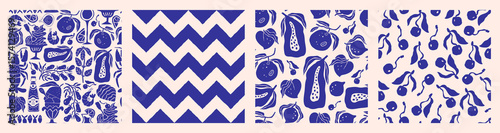 Amalfi coast hand-drawn seamless pattern collection: food, chevrons and fruits. Retro vibes in naive Mediterranean style. Perfect for fabric, kitchen decor, wrapping, and summer food design.