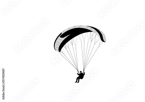 Silhouette of a Paraglider with Black and Gray Wing Suspended by Thin Lines.