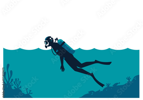 Silhouette of Scuba Diver with Tank Underwater Exploring Marine Life.