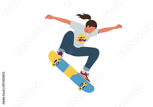 Skateboarder Girl MidAir Performing Trick with Yellow and Blue Skateboard.