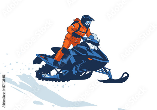 Snowmobile Rider in Orange Suit with Helmet and Goggles Illustration.