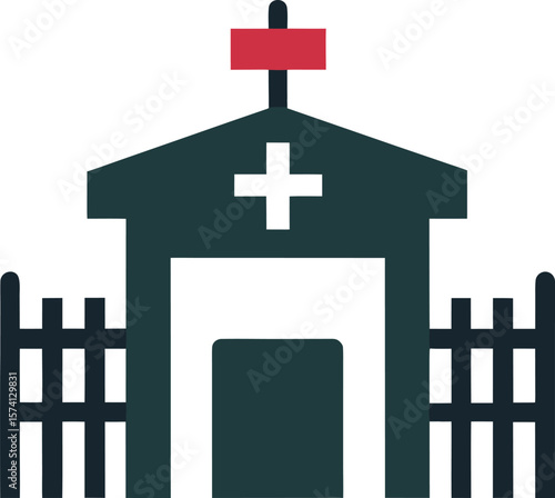 Military medical base with a secure gate and a cross flag