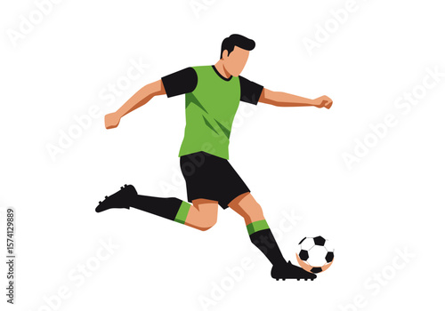 Soccer Player Kicking Ball with Green and Black Uniform Vector Illustration.