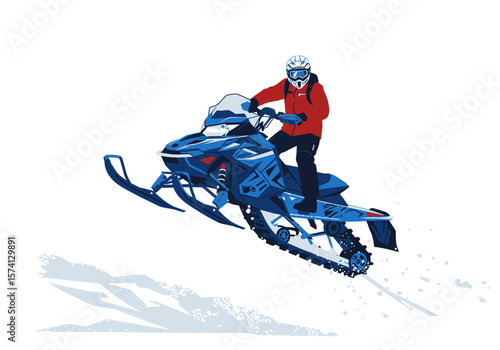 Snowmobile Rider in Red Jacket Jumping Over Snow Vector Illustration.