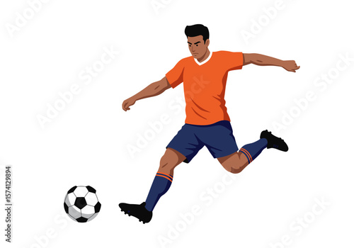 Soccer Player Kicking Ball Orange Jersey Blue Shorts Black Shoes Action Pose.