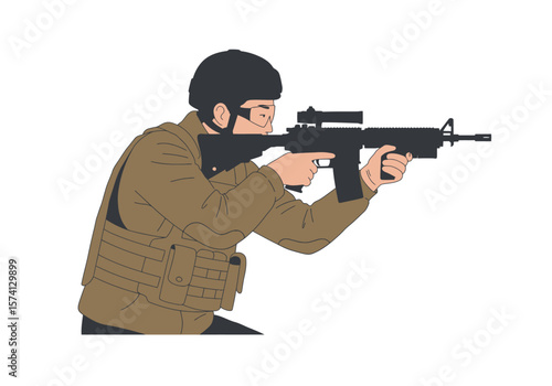Soldier Aiming Rifle with Scope Wearing Tactical Vest and Helmet Illustration.