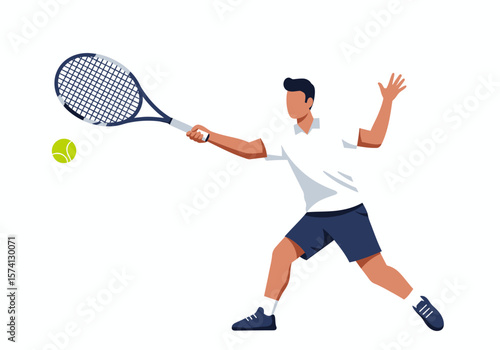 Tennis Player Hitting Ball with Racket White Shirt Dark Shorts.