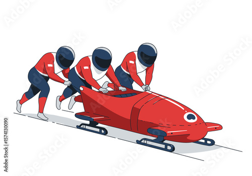 Three Bobsled Team Members Pushing a Red Bobsled with Dark Blue Accents on a Track.