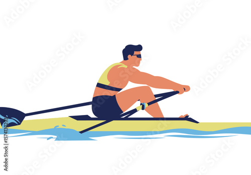 Vector illustration of a rower in a yellow boat with oars.