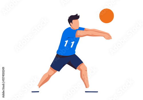 Volleyball Player in Blue Jersey with Number 11 Bumping an Orange Ball.