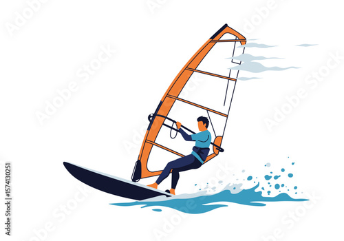Windsurfer on a Board with Orange Sail and Blue Water Splashes Illustration.