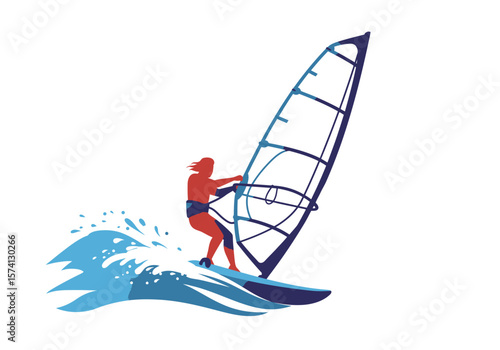 Windsurfer Silhouette on Waves with Sail Water Sport Illustration.