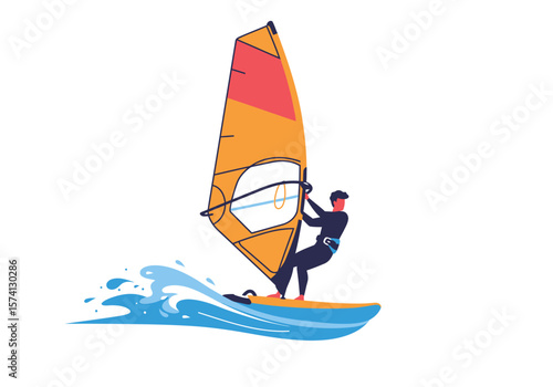Windsurfer with Orange Sail and Blue Wetsuit Riding the Waves.