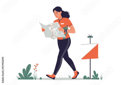 Woman in Orange Shirt Navigating with Map During Orienteering Activity.