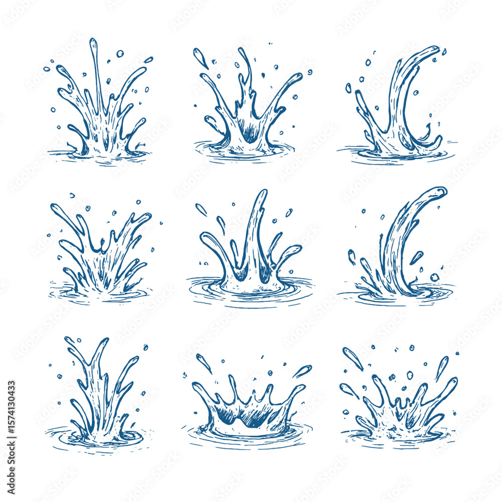 Fototapeta premium Dynamic hand-drawn water splashes in blue ink, captured in different motion moments. Great for motion graphics or liquid-themed designs.