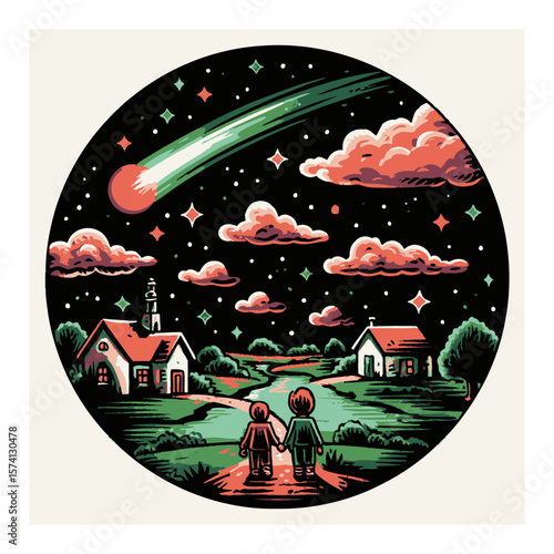 Kids Gazing at Space Scene with Cartoon Planets and Colorful Sky