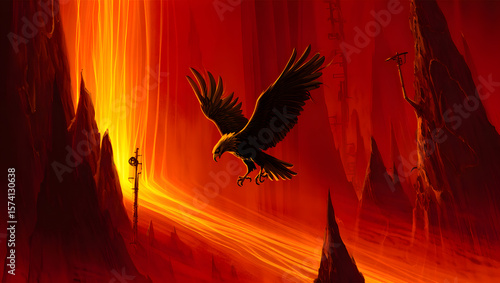  Soaring Eagle Over Fiery Terrain: Majestic eagle soars gracefully amidst a dramatic landscape, illuminated by molten streams, evoking raw power and freedom.