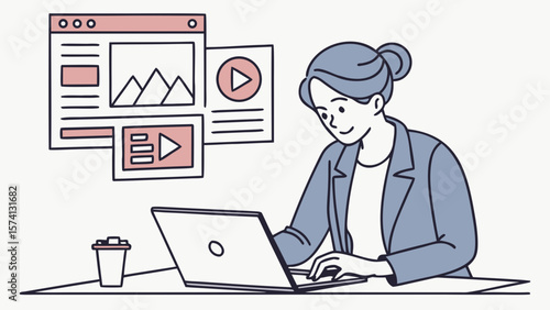 A young Asian woman working on a laptop, engaged in creative digital content creation, surrounded by multimedia elements.