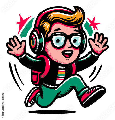 Cartoon Character Portrait of a Youth with Headphones and Curly Hair