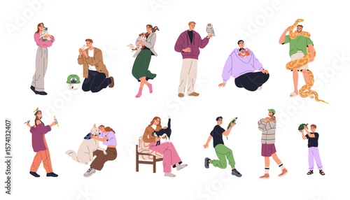 People and different pets set. Happy home animal owners holding and caring for dog, cat, parrot, boa snake, turtle, exotic iguana, hamster, owl. Flat vector illustration isolated on white background