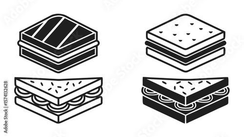 Collection of stylized sandwich icons in black and white with different fillings
