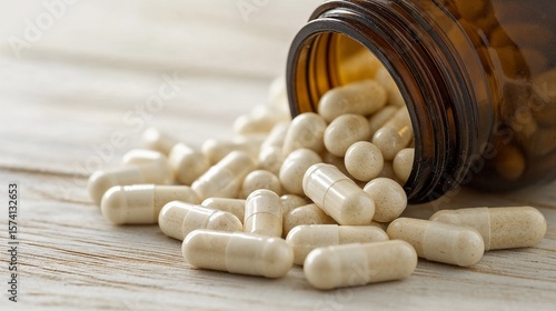 White probiotic capsules spilled from brown bottle