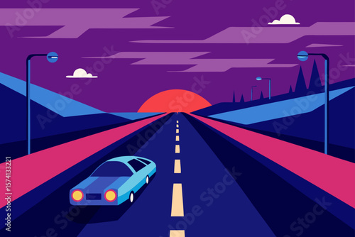 futuristic highway with hovercars at twilight