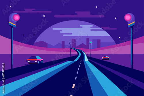 futuristic highway with hovercars at twilight