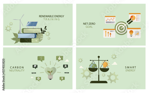 Four eco-friendly business illustrations featuring renewable energy training, net-zero goals, carbon neutrality communication, and smart energy balance solutions. Flat style. Vector illustration