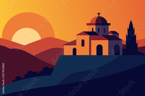 peaceful hillside monastery at sunset
