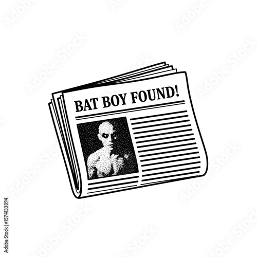 A newspaper illustration with the headline "BAT BOY FOUND!" featuring a creature's portrait.