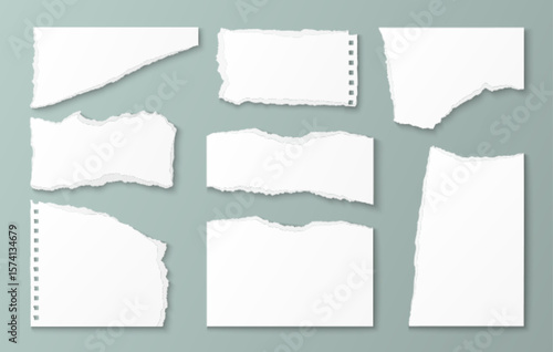Realistic paper scraps collection with torn edges and ripped textures on mint background - white notebook sheets, strips and fragments with shadows for scrapbook projects, collage crafting designs.