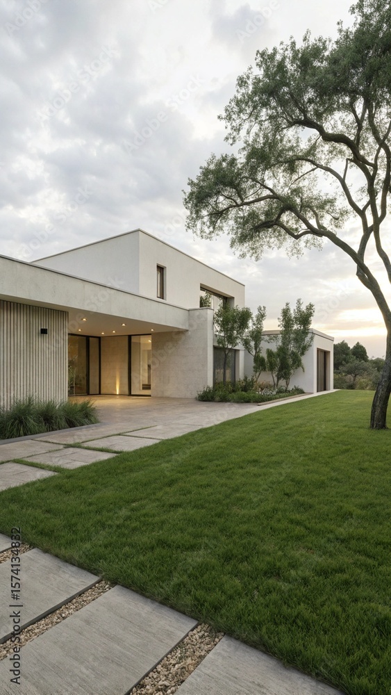 Obraz premium Modern Minimalist House Exterior With Large Windows During Evening