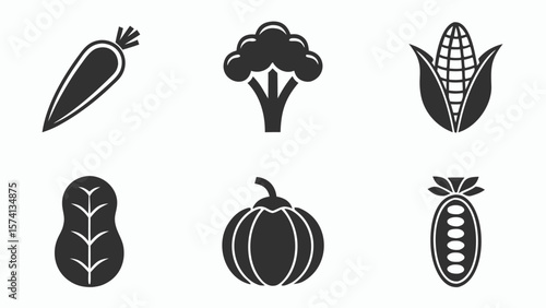 Set of six simple black and white icons representing various vegetables on a white background