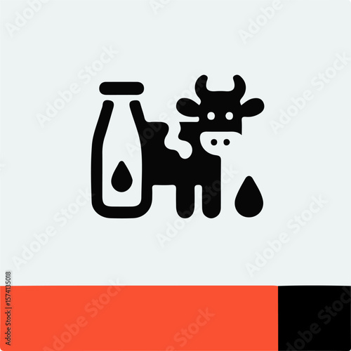 Cow with milk bottle and drop on minimal style background  