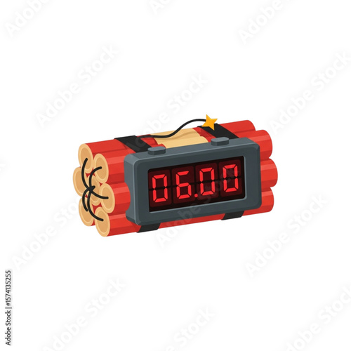 A cartoon depiction of dynamite sticks bundled together with a digital timer showing "06:00", suggesting a bomb.