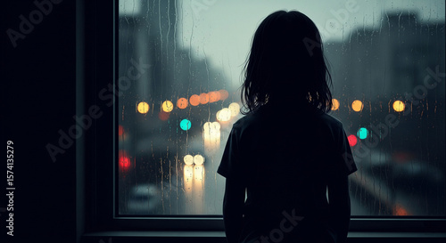 Lonely child silhouette in the window, concept of loneliness, sadness, nostalgia, childhood trauma, autism, abandonment, solitude