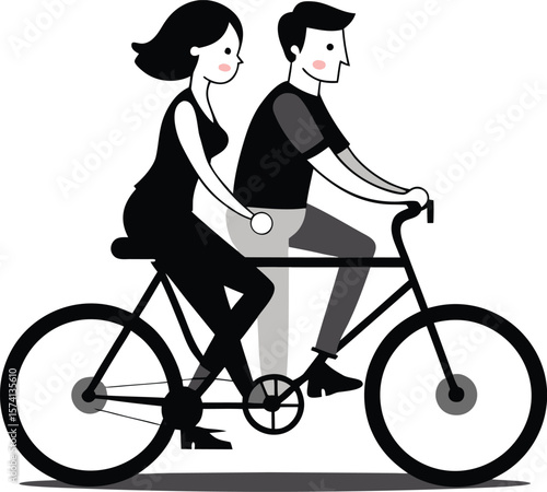 Couple Riding Tandem Bicycle Black Vector Illustration