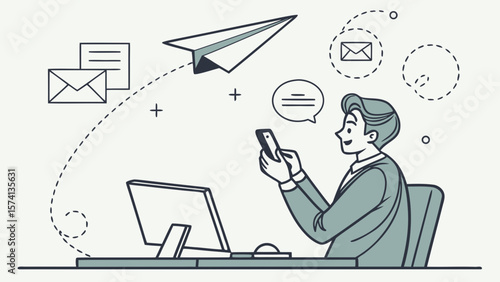 A young man of European descent engaging with his smartphone at a desk, with mail icons representing communication.