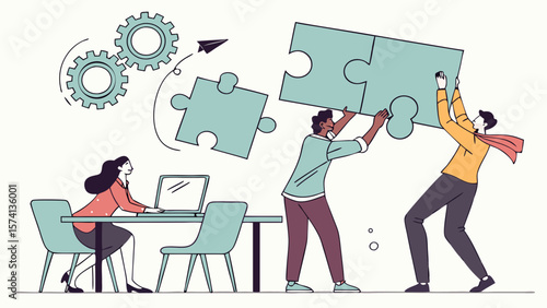 A diverse group of professionals collaborate creatively in an office setting, illustrating teamwork and problem-solving.
