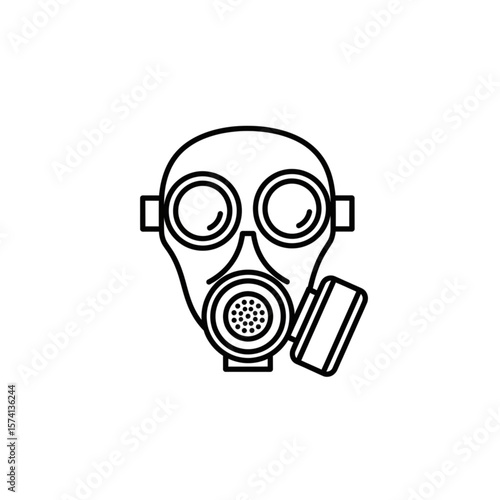 Line drawing of a gas mask with a filter, protection equipment against harmful substances.