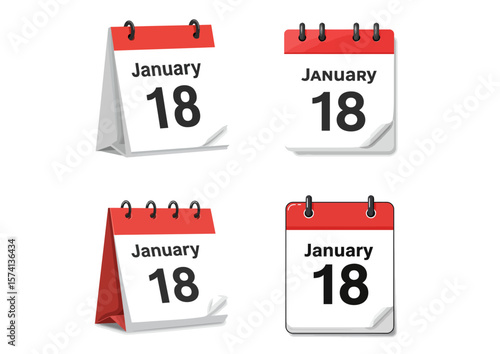 Four depictions of a red and white desk calendar showing January 18th