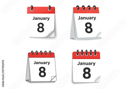 Four desk calendars showing January 8
