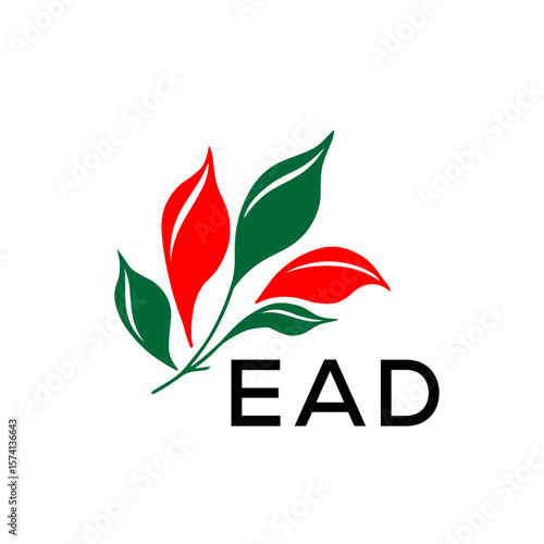 EAD Abstract Botanical Logo with Elegant Typography, EAD  Later Logo, Modern Nature Inspired Logo with Red and Green Leaves.
