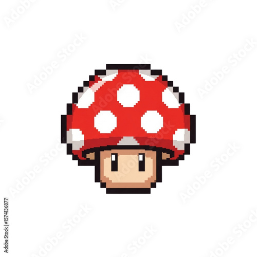 Pixelated red mushroom with white spots, a classic video game icon.